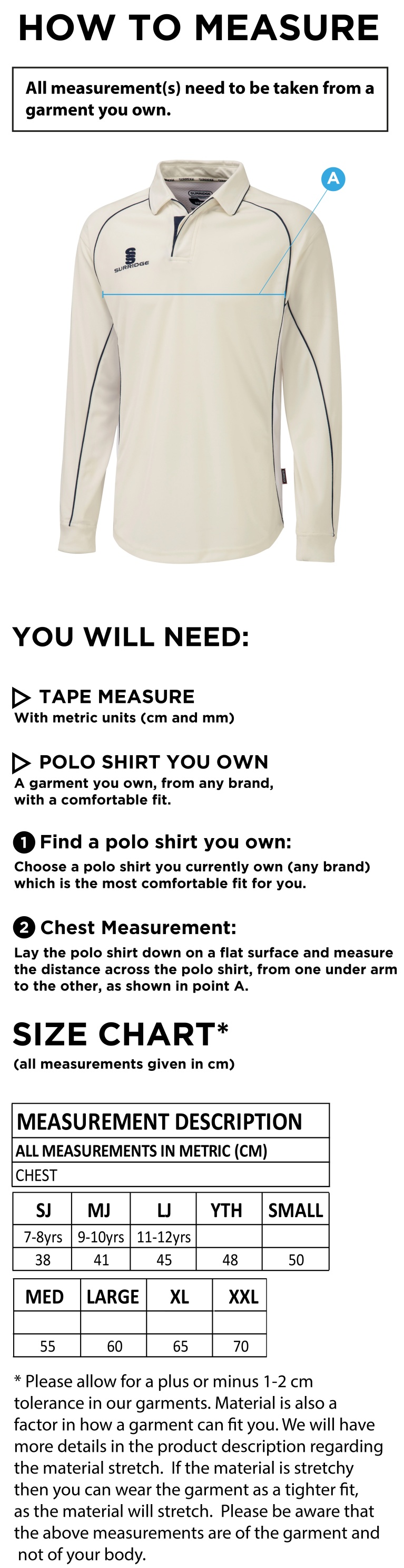 Houghton Main CC - Long Sleeved Premier Shirt - Size Guide