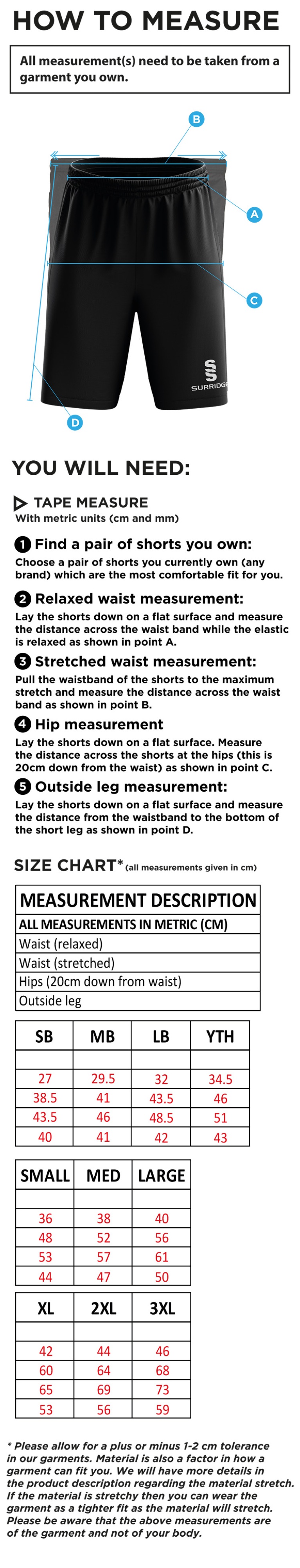 Houghton Main CC - Leisure Short - Size Guide