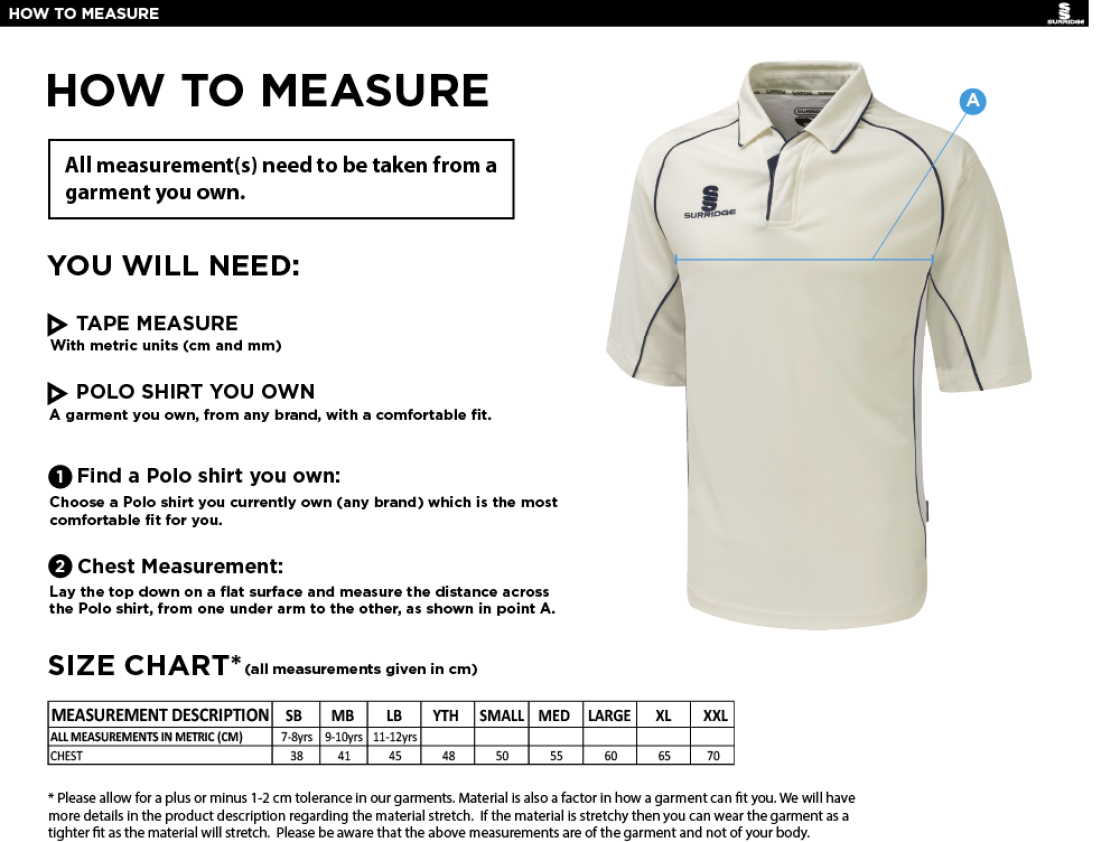 Houghton Main CC - Premier 3/4 Sleeved Playing Shirt - Size Guide