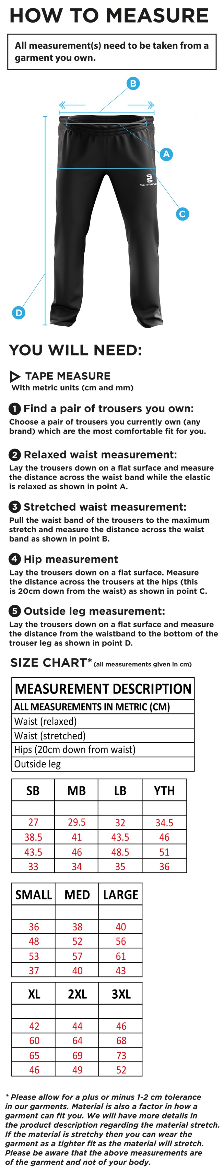 Houghton Main CC - Tracksuit Pant - Size Guide