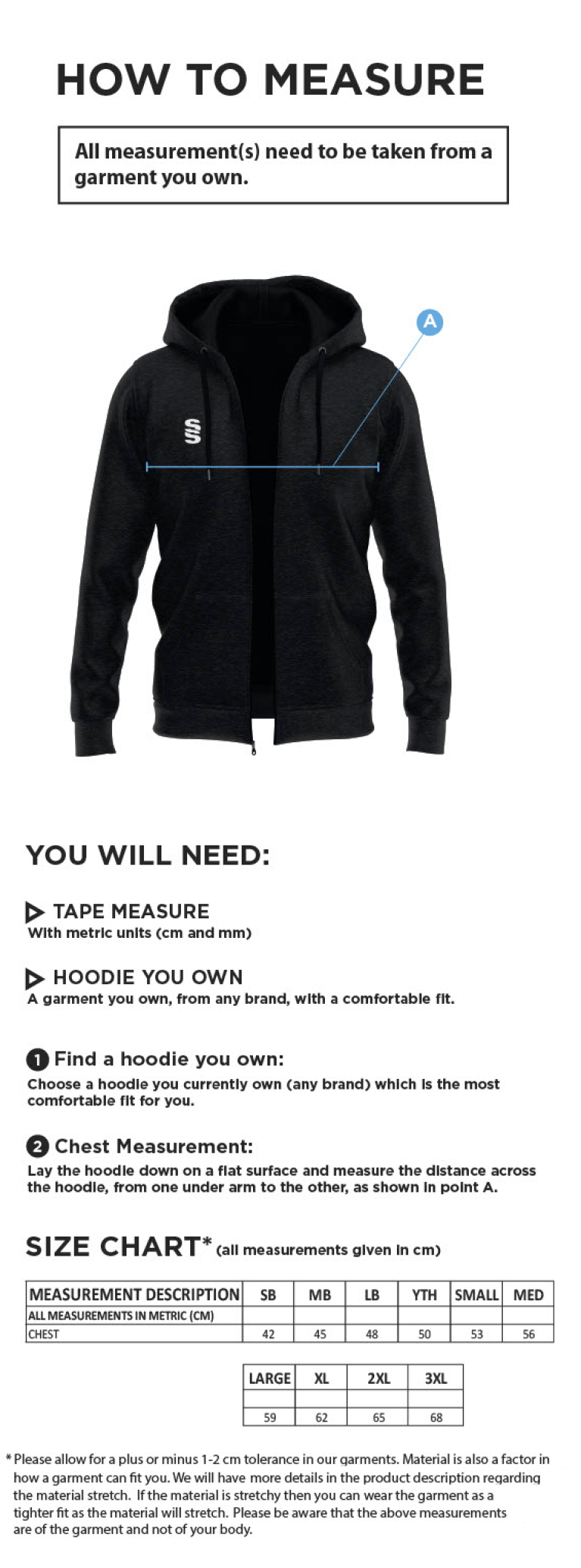 Houghton Main CC - Dual Full Zip Hoody - Black - Size Guide