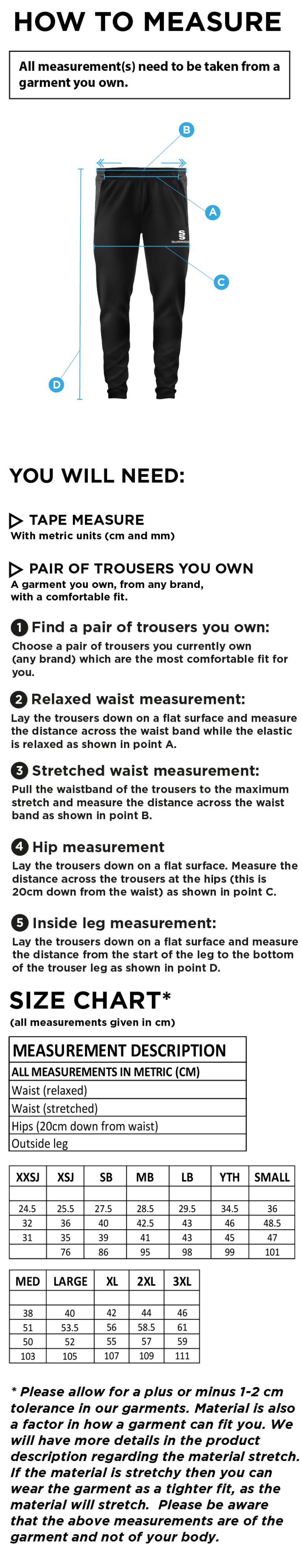 Houghton Main CC - Slim Training Pant - Size Guide