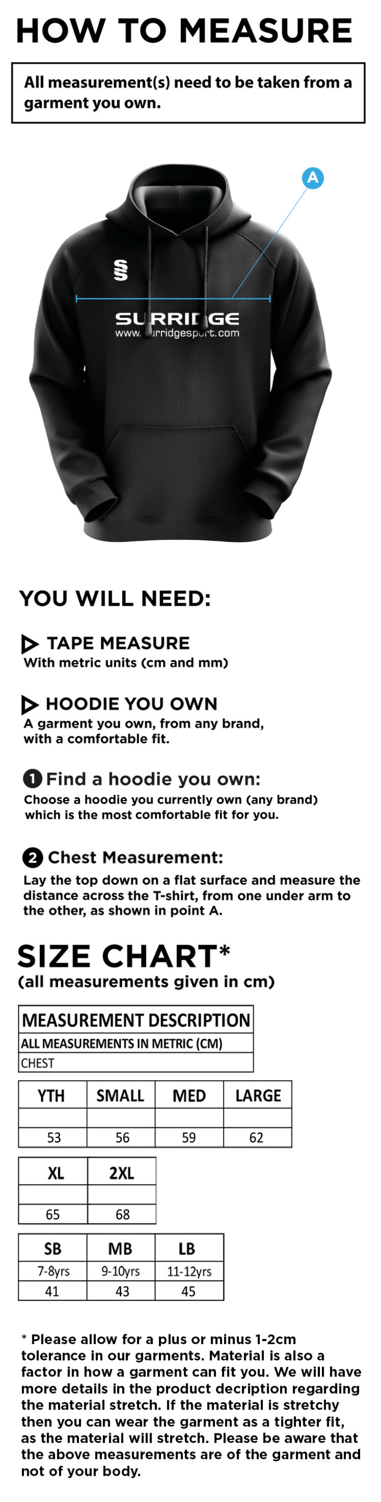 Houghton Main CC - Blade Hoodie - Size Guide