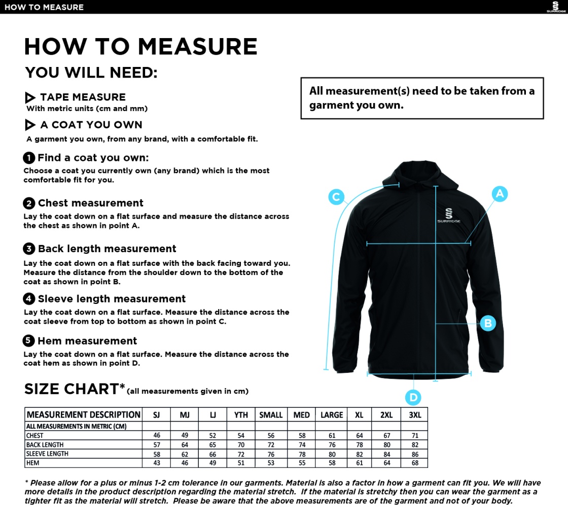 Houghton Main CC - Dual Elite 1/4 Zip Hoody / Rain Jacket - Black - Size Guide