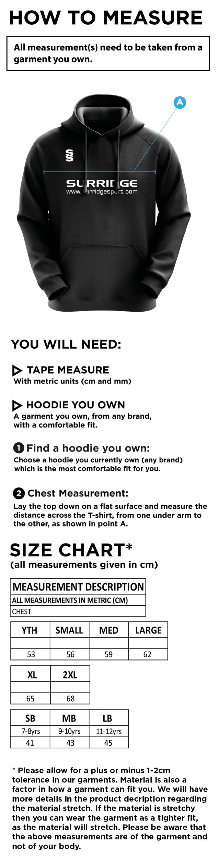 Houghton Main CC - Blade Hoodie - Size Guide