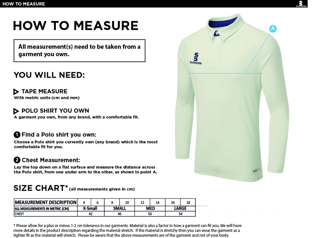 HOUGHTON MAIN CC DUAL LONG SLEEVE CRICKET SHIRT (WOMENS)-Ivory - Size Guide