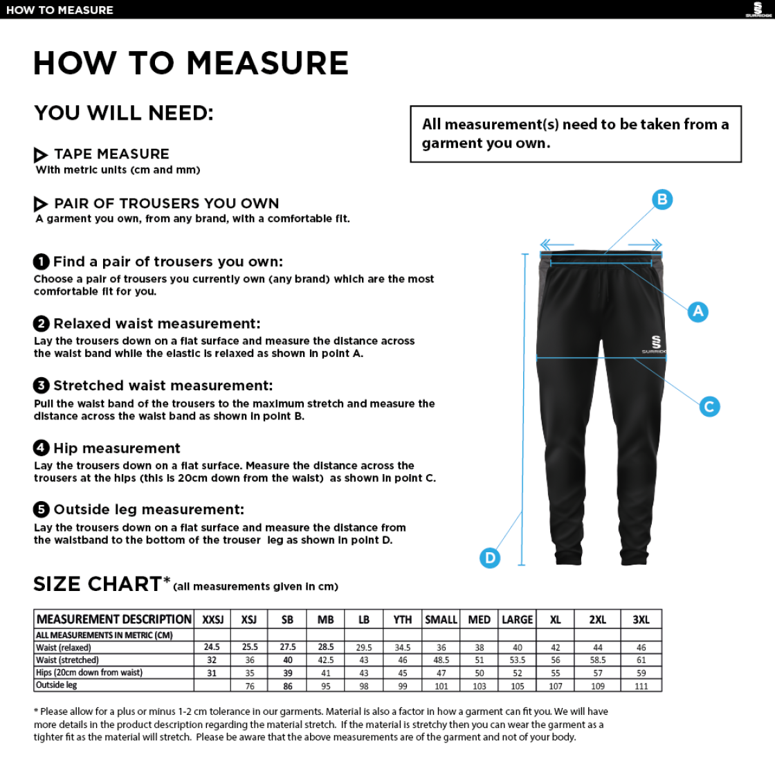 Houghton Main CC - Slim Training Pant - Size Guide