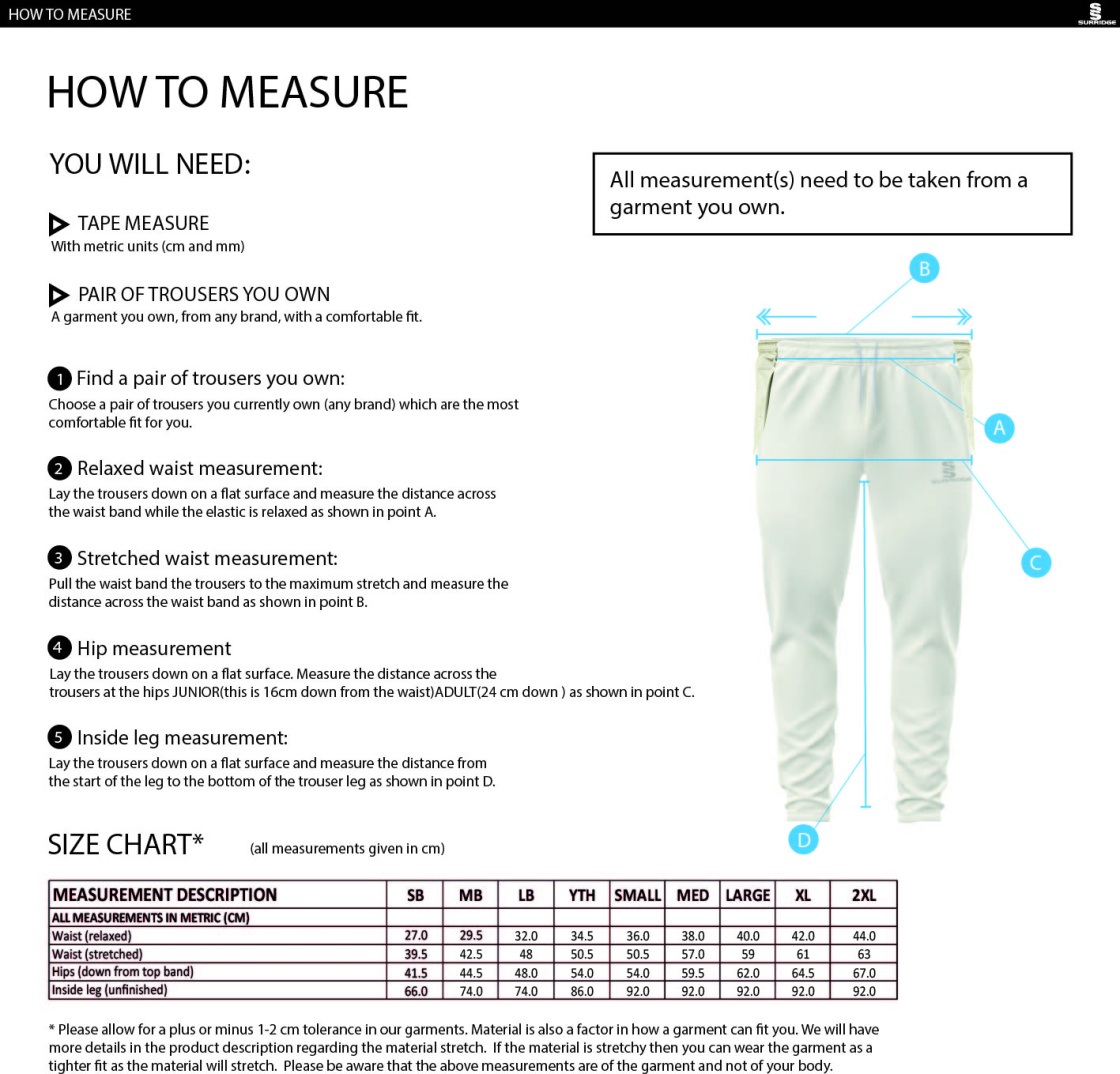 Houghton Main CC - Playing Cricket Trousers - Size Guide