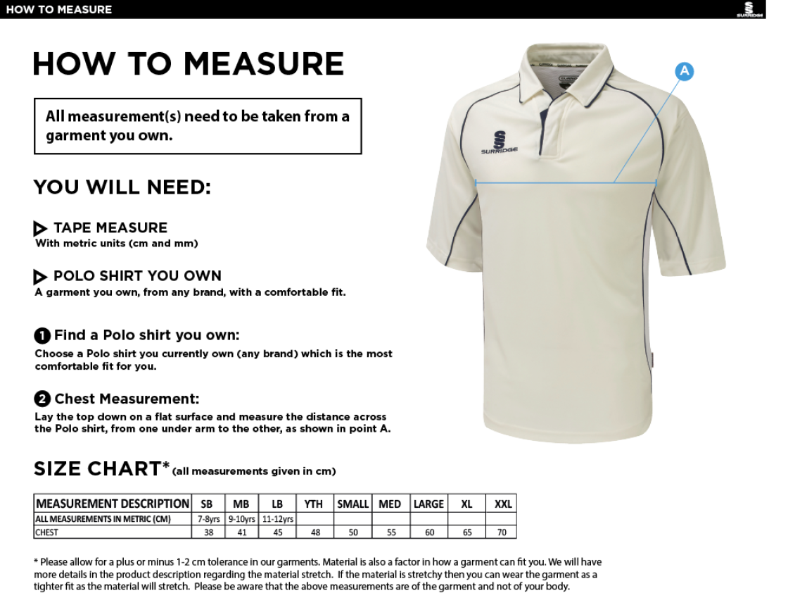 Houghton Main CC - Premier 3/4 Sleeved Playing Shirt - Size Guide