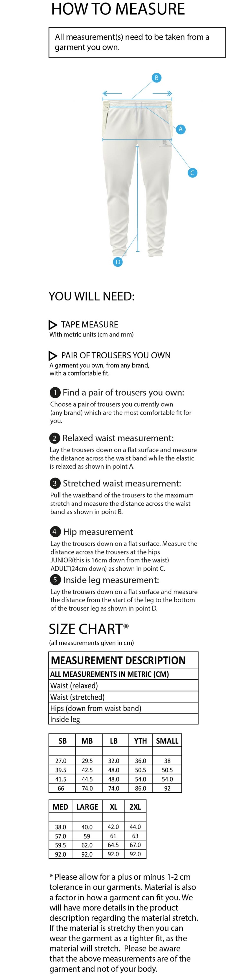Houghton Main CC - Playing Cricket Trousers - Size Guide