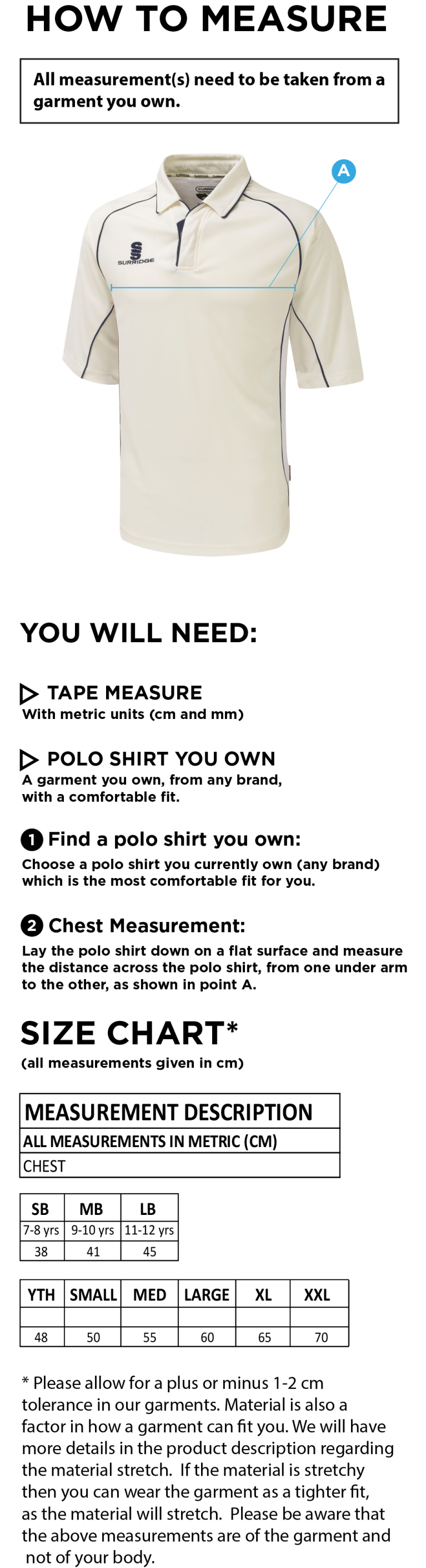 Houghton Main CC - Premier 3/4 Sleeved Playing Shirt - Size Guide