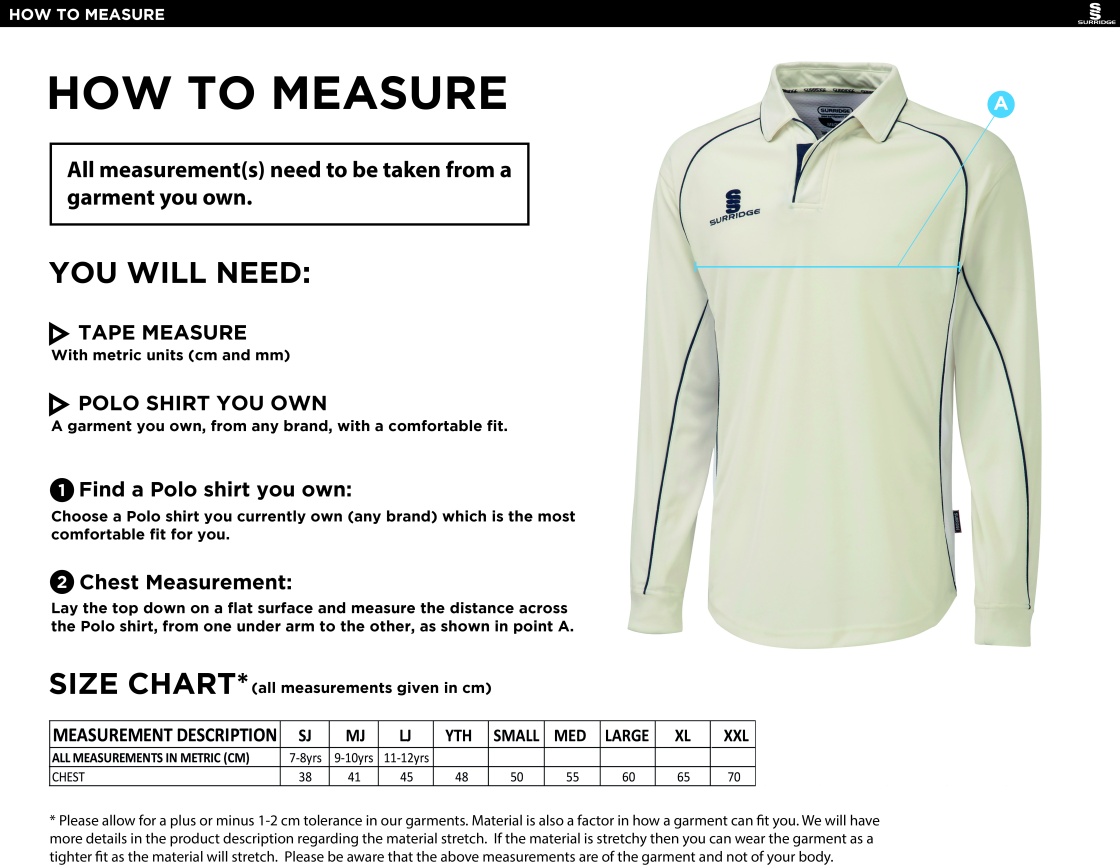 Houghton Main CC - Long Sleeved Premier Shirt - Size Guide